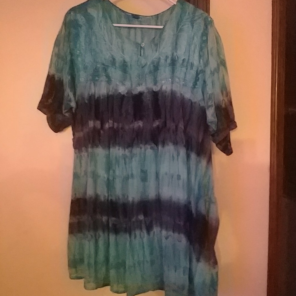 Beautiful tie-dyed top, or after a day in the sun.